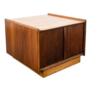 Mid Century Modern End Table Lane Attributed Cabinet Square Walnut 2 Doors Side Table MCM For Sale
