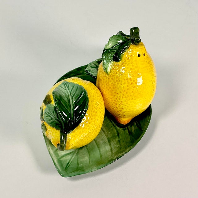 1980s Vintage Hollywood Regency Majolica Lemon Salt & Pepper Shaker - Set of 3 For Sale - Image 9 of 17