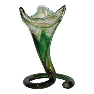 Vintage Original Trumpet Horn Green Swirl Vase For Sale