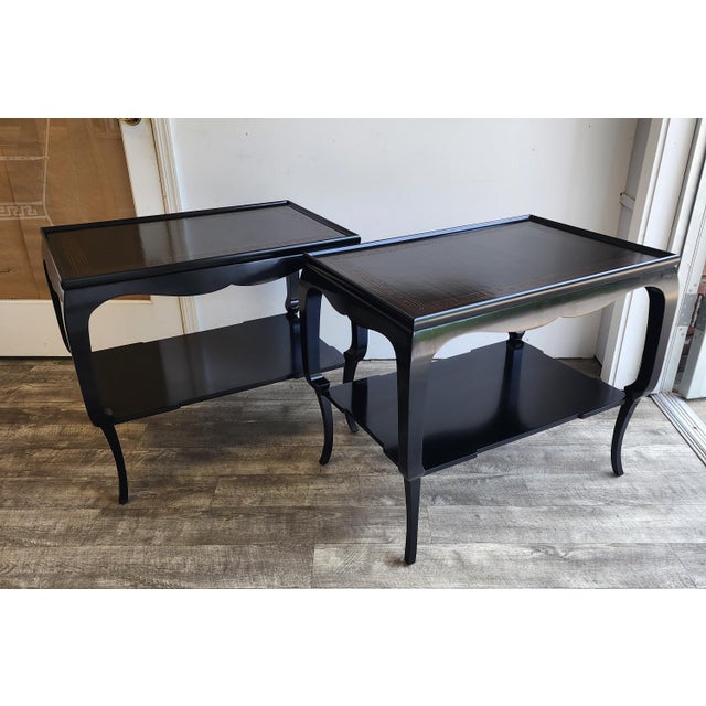 Chinoiserie Late 20th Century Pair of Rose Tarlow Style Black Lacquer Chinoiserie Side Tables For Sale - Image 3 of 18