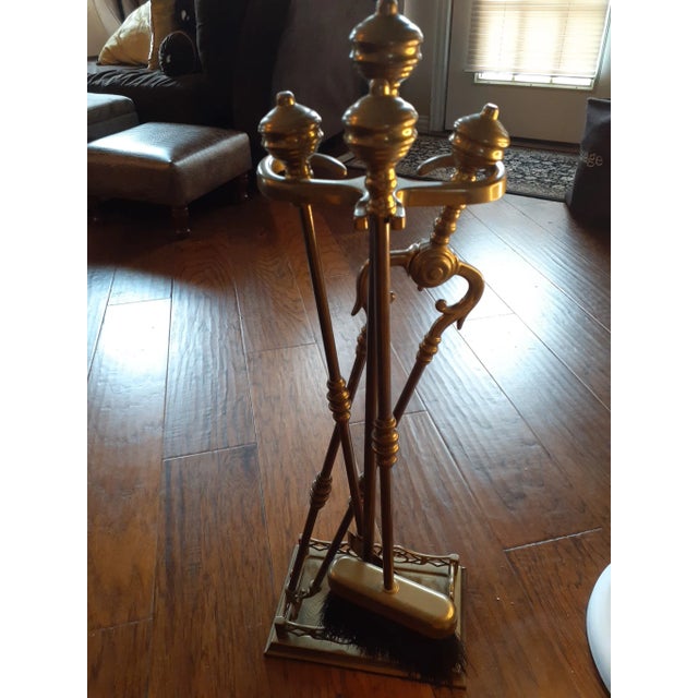 This is an EXQUISITE Art Nouveau Style 3pcs Italian Brass Fire Tool Set With Stand. The set consists of a poker, a shovel...