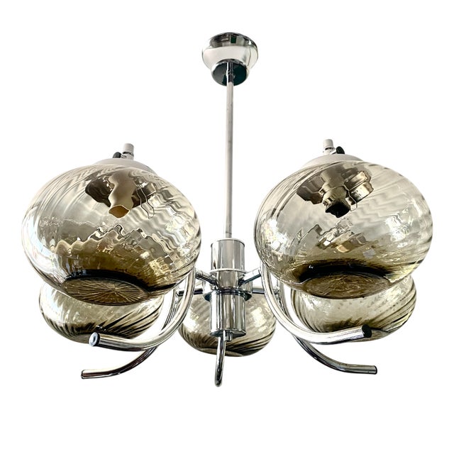 Chrome and Smoked Murano Glass Chandelier, 1970s For Sale