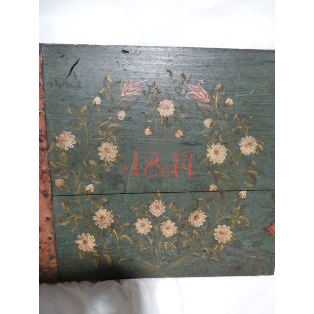 Green Swedish 100% Original Painted Trunk Front Dated 1814 For Sale - Image 8 of 10