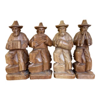 Vintage Hand-Carved Wood Folk Art Musician Figurines, Set of 4 Seated Players For Sale