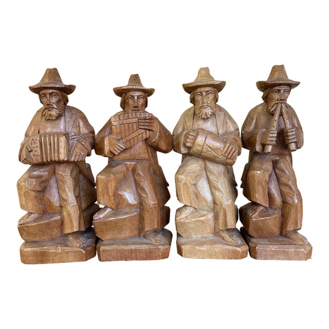 Vintage Hand-Carved Wood Folk Art Musician Figurines, Set of 4 Seated Players For Sale