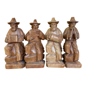 Vintage Hand-Carved Wood Folk Art Musician Figurines, Set of 4 Seated Players