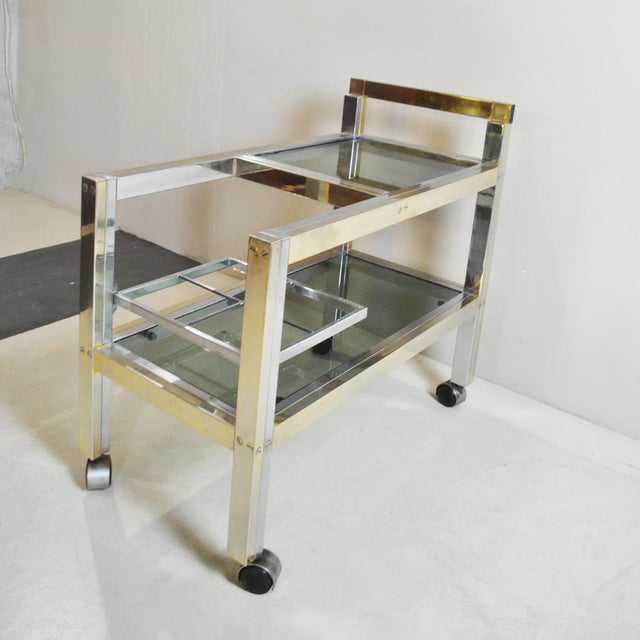 1970s Brass and Steel, Smoked Glass Shelves Liqueurs Bottle Trolley, 1970s For Sale - Image 5 of 9