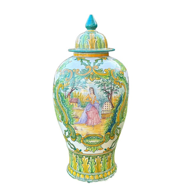 1970s 1970's Portugues Faiancas Green & Gold Temple Jar For Sale - Image 5 of 8