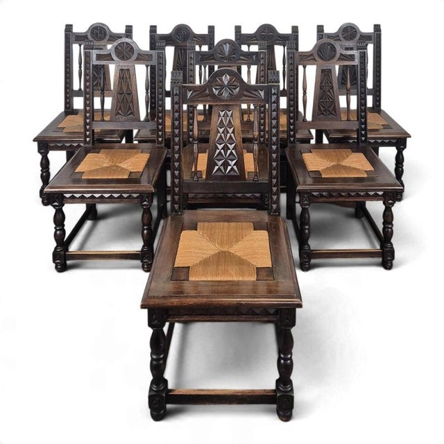 Breton Carved Chairs with Straw Seats, Set of 8 For Sale - Image 15 of 15