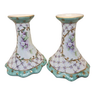 Antique Paris Royal Peint a La Main Candlestick Holders (2) For Sale