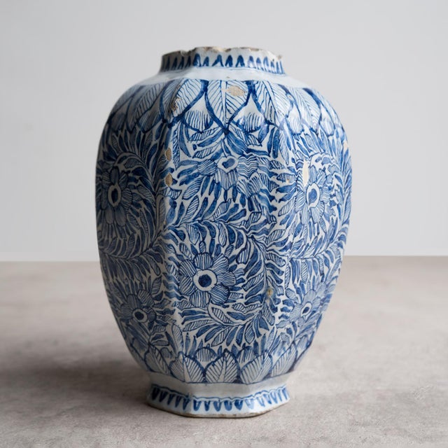 Ceramic Antique Dutch Delft Vase With Blue and White Chinoiserie Floral Decoration 18th C For Sale - Image 7 of 12