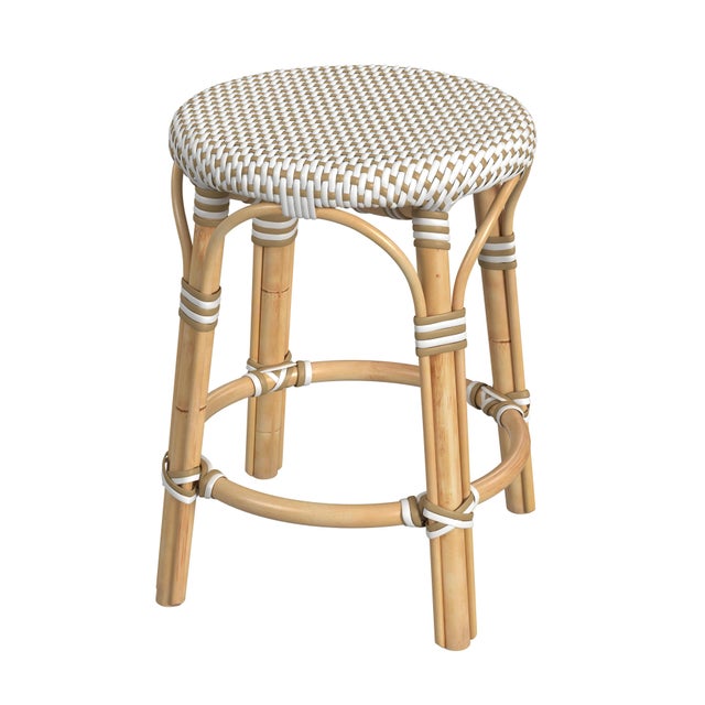 Wood Tobias 18 in. Seat Height Round Rattan Dining Stool, White/Tan Dot / Natural Rattan Frame For Sale - Image 7 of 7