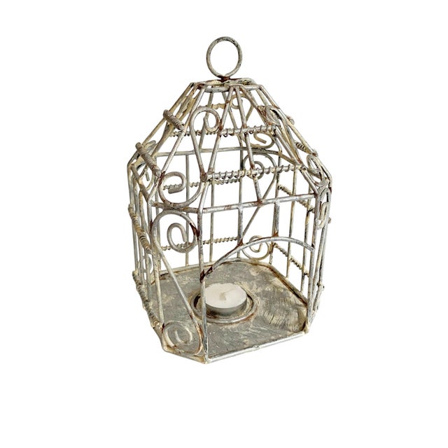 1970s Rustic Chippy Painted Candle Holder – Shabby Chic Metal Lantern For Sale - Image 4 of 5