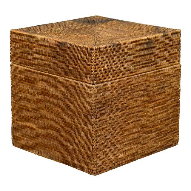 Rustic Burmese Vintage Square Shaped Rattan Basket with Weathered Patina For Sale