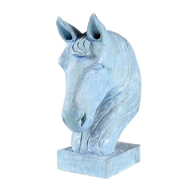 Blue Horse Head Sculpture, Carved Wood For Sale