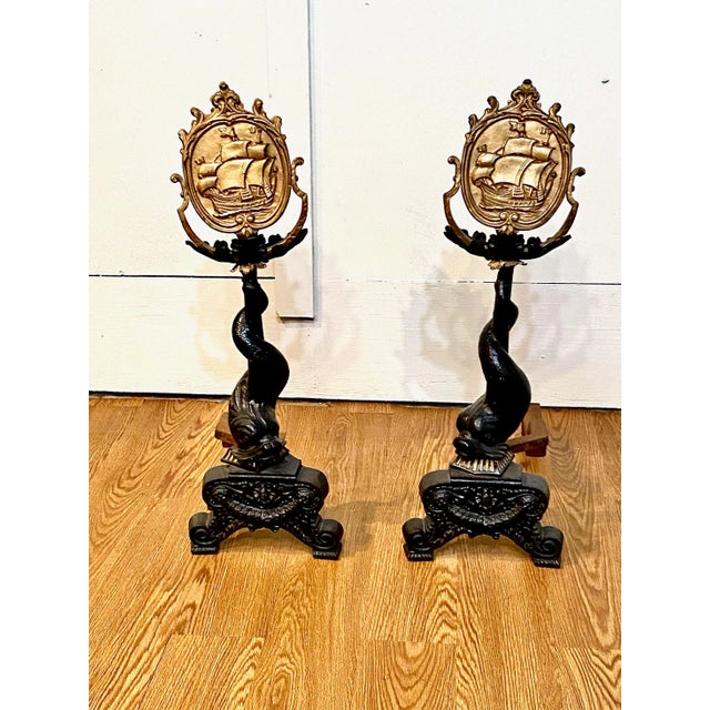 Pair American Cast Iron Dolphin Andirons For Sale - Image 11 of 11