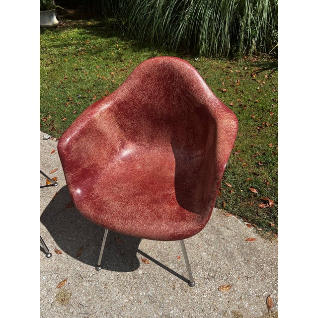 Metal Pair of MCM Eames Style Maroon Fiberglass Chairs For Sale - Image 7 of 9