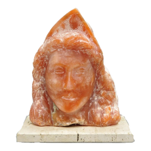 Late 20th Century Orange Alabaster "Native American Woman" Bust Sculpture on Travertine Base