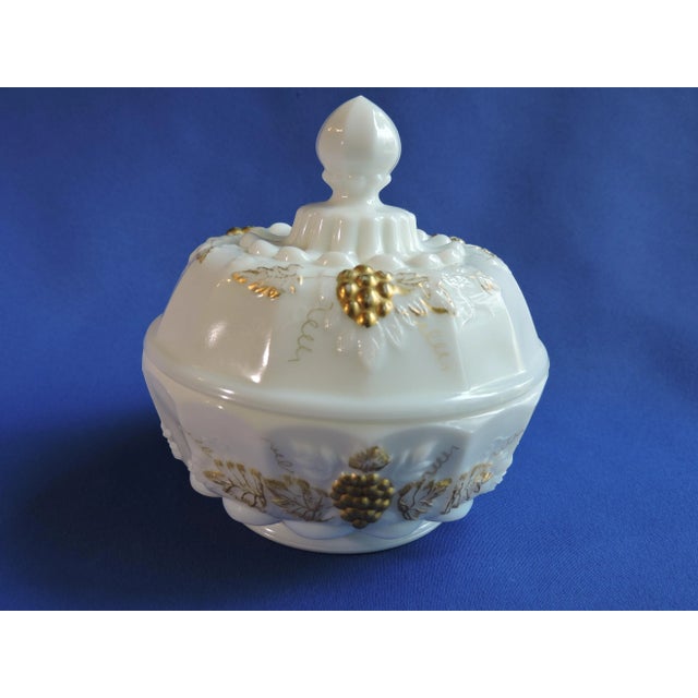 Vintage 1950's Westmoreland Milk Glass Gilded Paneled Grape Round Covered Candy Dish For Sale - Image 9 of 9