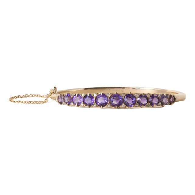 Vintage 10k Gold 6 Carats Amethyst and Rose Cut Diamond Bangle For Sale
