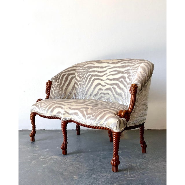 Wood Vintage Carved Rope and Knot Loveseat in Scalamandre Tiger Devore For Sale - Image 7 of 12