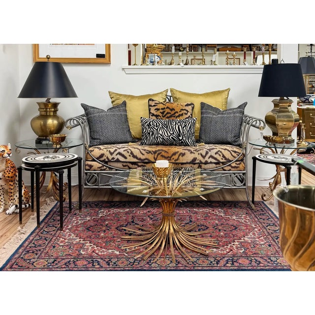 Vintage Hollywood Regency Style Gilt Sheaf of Wheat Round Glass Top Table For Sale - Image 9 of 10