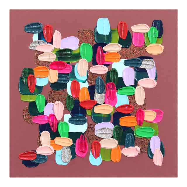 Warm Greens - Impasto Inspired Colorful Thick Paint and Glitter Abstract Original Artwork by Shiri Phillips For Sale