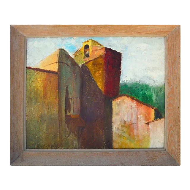Mid 20th Century Abstract Architectural Oil Painting of a Monastery Bell, Framed For Sale