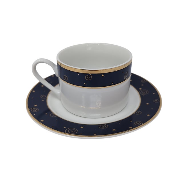 Contemporary Sakura Star Light Coffee Tea Cup Saucer Porcelain Blue Gold Celestial Hallmark For Sale - Image 3 of 7