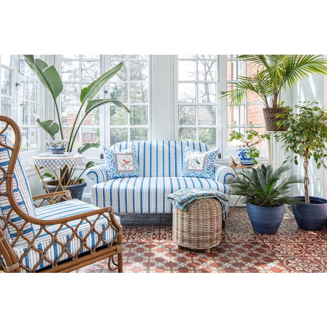 Contemporary Blue Ticking Love Seat, Dana Gibson For Sale - Image 3 of 3