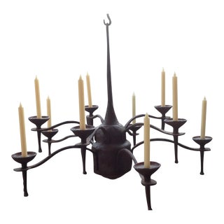 Vintage Hand Forged Steel Candle Chandelier For Sale
