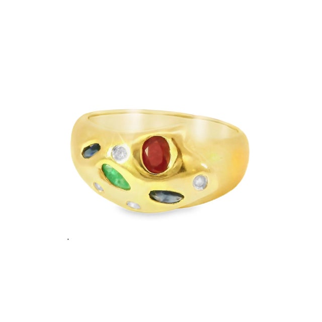 Elegant 14K yellow gold ring featuring a vibrant trio of natural gemstones,ruby, emerald, and sapphire accented with four...