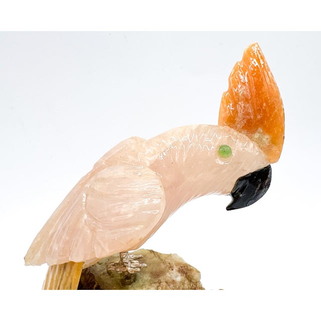Gemstone Vintage Hand-Carved Gemstone Cockatoo Sculpture on Natural Stone Base – Brazilian Mid-Late 20th Century For Sale - Image 7 of 15
