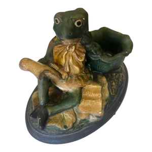 Vintage Late 20th Century Frog on Lily Pad and Reading a Scroll