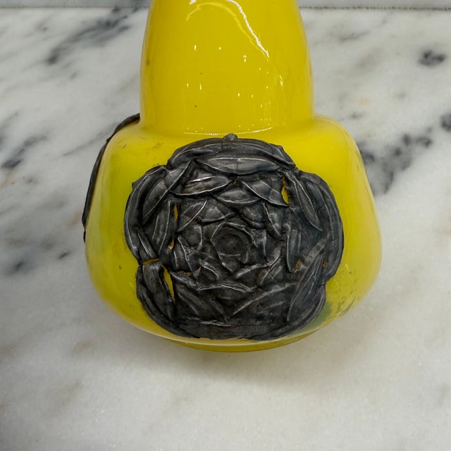 Ceramic 1910s French Art Nouveau Vase Yellow Glass With Pressed Silver Floral Mounts For Sale - Image 7 of 8