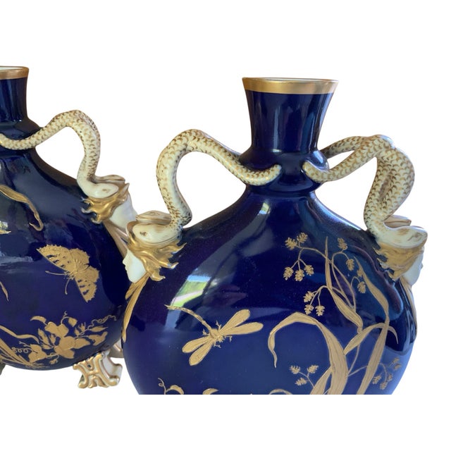 Pair Antique Grainger Attributed Cobalt Blue Porcelain Moon Pilgrim Flasks Snake Handles Gilt Vases&nbsp; Made in England...