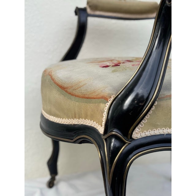 Pair of Antique 19th Century Ebonized French Fauteuils W/Original Needlepoint Upholstery For Sale - Image 10 of 11
