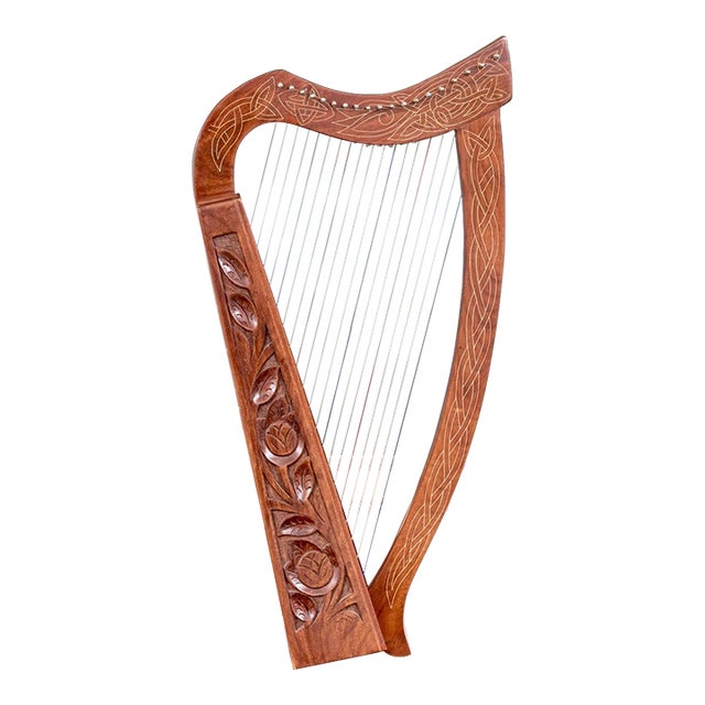 Vintage Ornately Carved and Inlaid 19-String Table-Top Harp For Sale