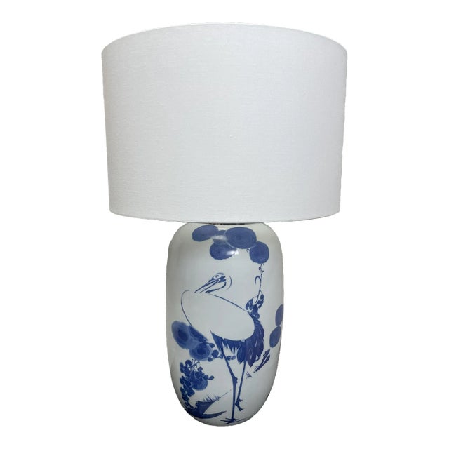 Ceramic Blue and White Crane Table Lamp For Sale