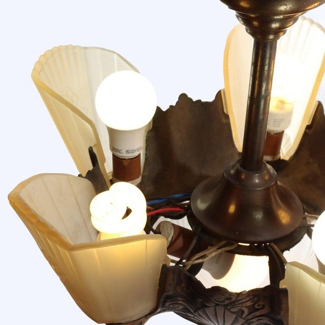 Bronze 1920s Art Deco 5-Light Bronze Finish Hanging Lamp With Stylized Fans C1920 For Sale - Image 8 of 14