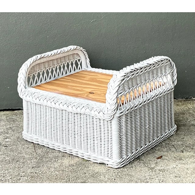 White Vintage Braided White Rattan Ottoman For Sale - Image 8 of 12