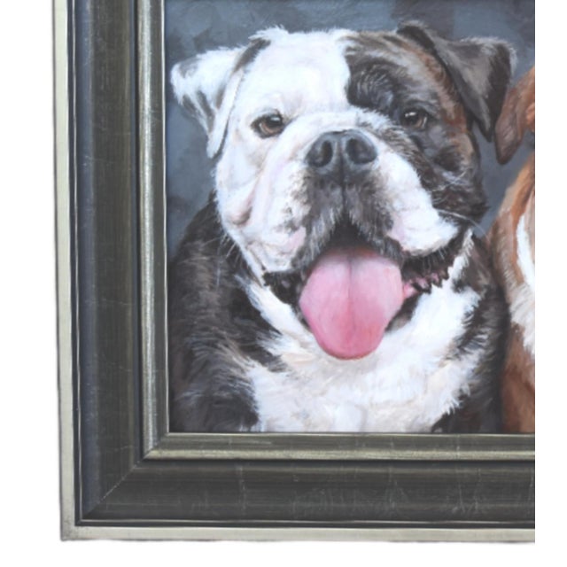 French Provincial Two English Bulldog Portrait Painting Including the Black & Silver Wood Frame For Sale - Image 3 of 6