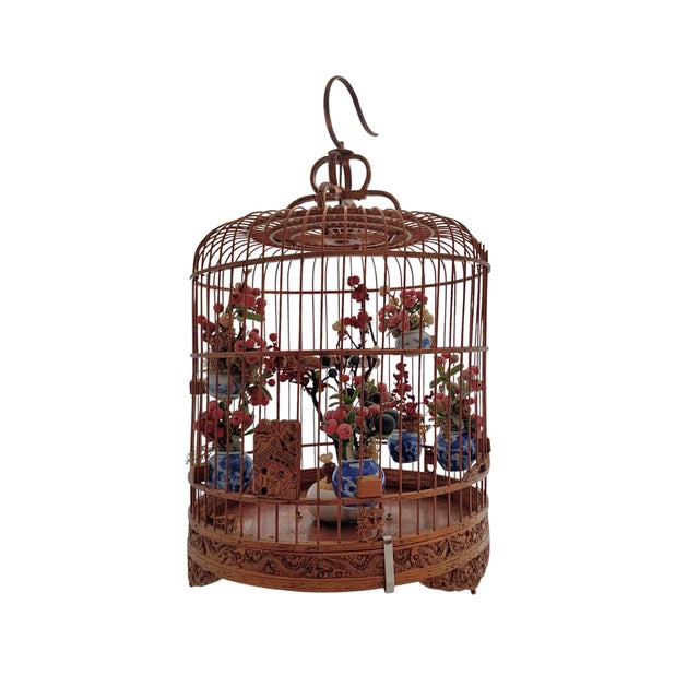 Late 20th Century Late 20th Century Bird Cage Bamboo Wood With Miniature Faux Floral Asian Style Vintage Oriental Decor For Sale - Image 5 of 8