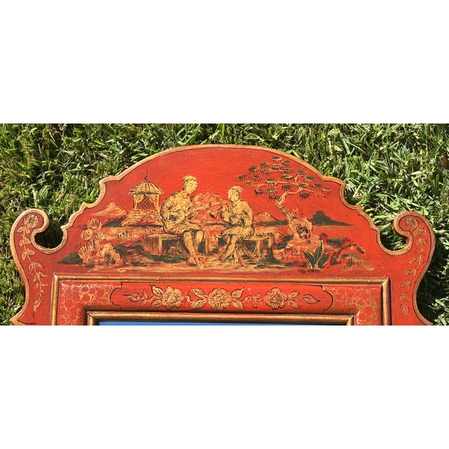 Chinoiserie Antique Style Petite Scale Red Chinoiserie Wall Mirror / English Georgian Red Jappaned Style Mirror For Sale - Image 3 of 15
