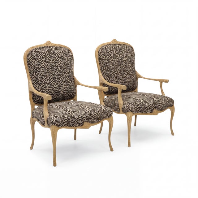 Wood Italian Carved Faux Bois Cerused Bergère Chairs in Zebra Fabric - Pair For Sale - Image 7 of 7