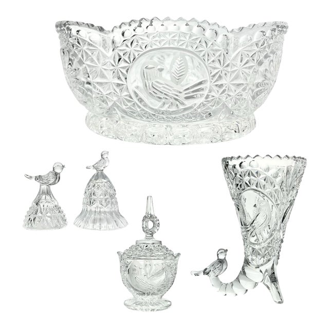 1990s Hofbauer “Byrdes” Crystal Dinnerware Serving Hostess & Decor Set - 5-Piece For Sale