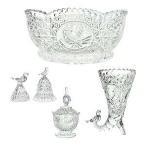 1990s Hofbauer “Byrdes” Crystal Dinnerware Serving Hostess & Decor Set - 5-Piece