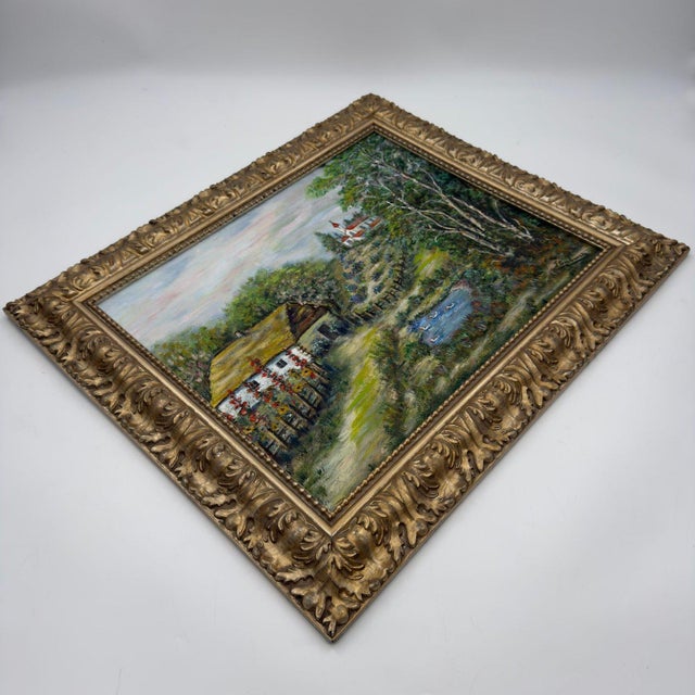 Vintage Original Oil Painting European Village Landscape Cottage Hollyhocks For Sale - Image 10 of 14
