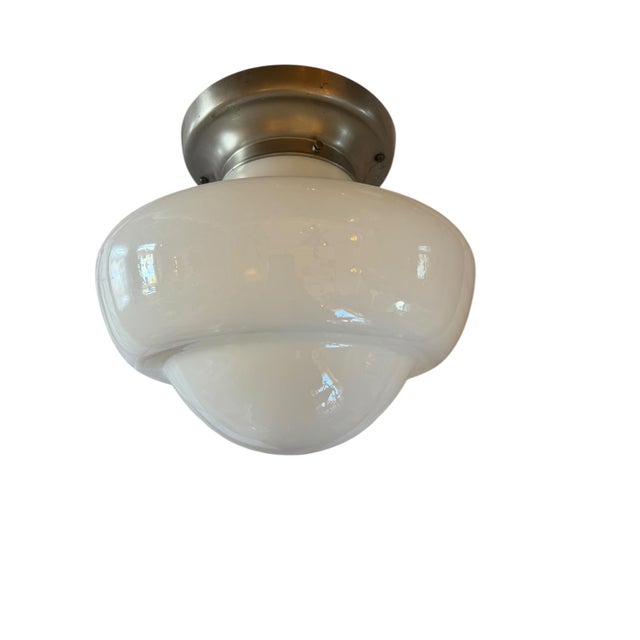 Early 20th Century Early 20th Century Mid-Century Modern Nickleplate and White Glass Ceiling Light Fixture For Sale - Image 5 of 5