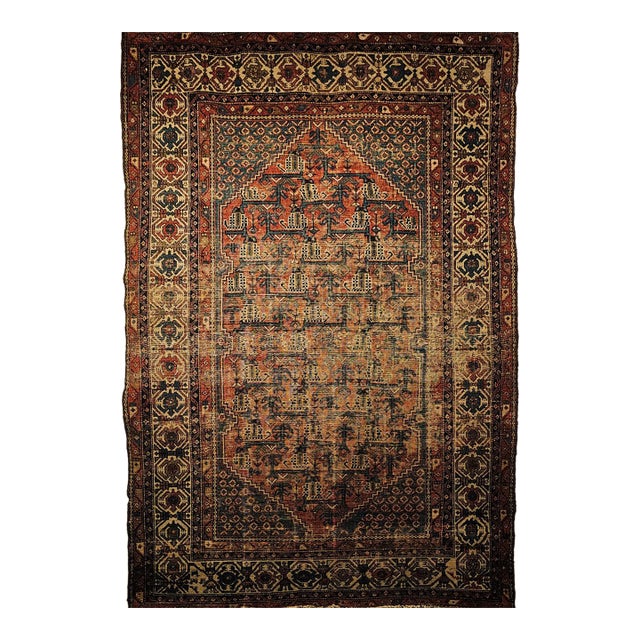 Antique Persian Malayer Rug, Hand-Knotted Wool, Geometric Pattern, 5x7, Blue & Rust-Red For Sale